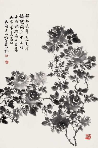 邓怀农 壬戌（1982）年作 蔷薇 立轴